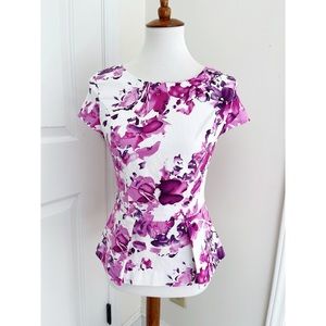 Boston Proper White & Pink Floral Peplum Blouse Size 4
